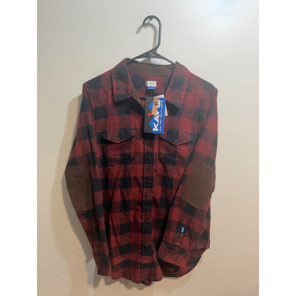 KAVU Womens Red Black Buffalo Check Flannel Shirt Corduroy Elbow Patches Small
